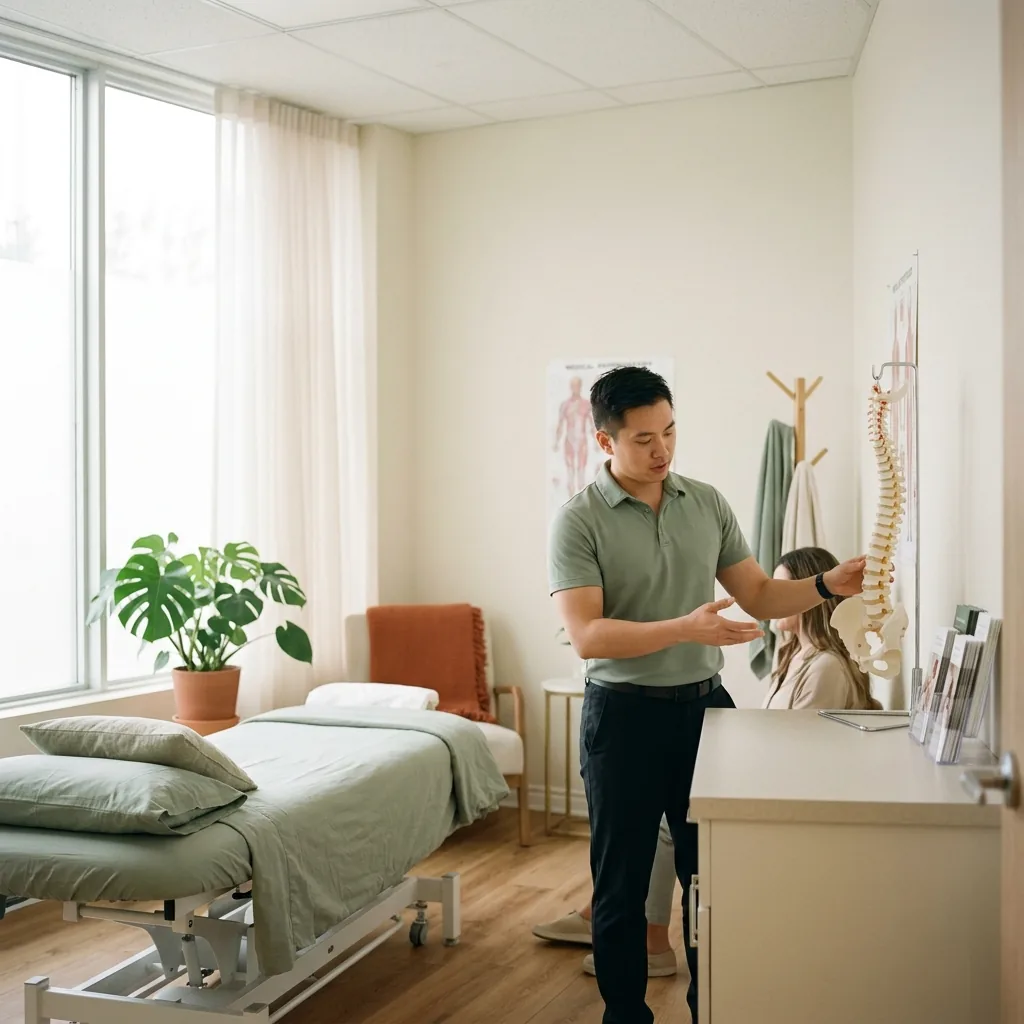 A physiotherapist during a consultation in a bright clinic treatment room