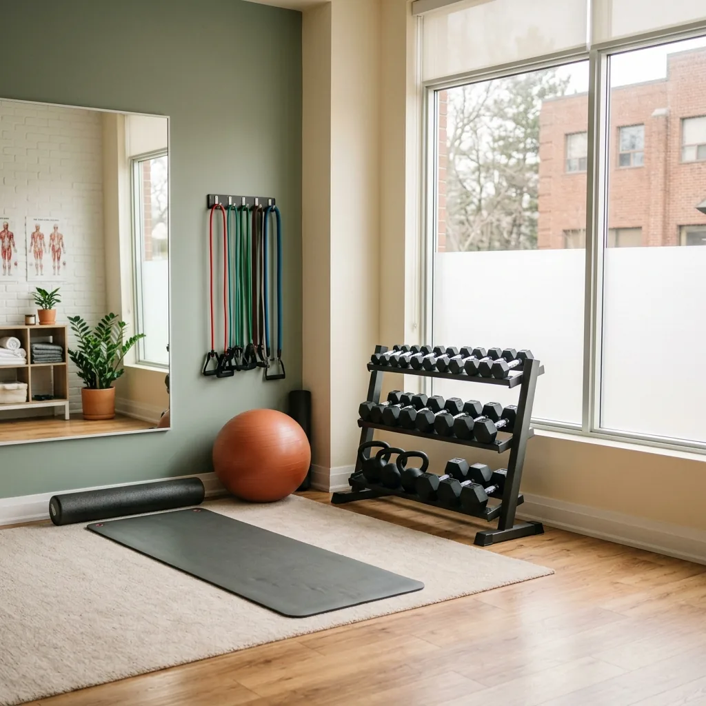 Brand-new rehabilitation gym with weights and exercise equipment